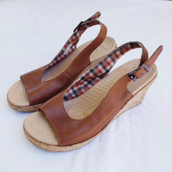 CROCS Shoes - Crocs Cocoa A-Leigh Wedge Leather Peep Toe Sandal